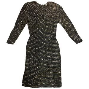 Vintage 80s Niteline Dress Black Gold All Over Beaded 100% Silk 12 Mob Wife Glam